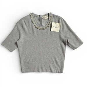 Marled Pearl Embellished Neck Knit Top Gray XS NWT